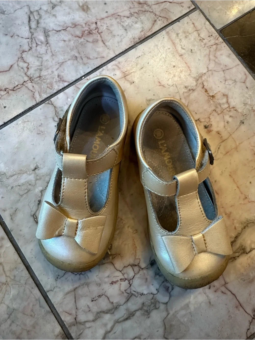 La”Mour Girls' Gold T-Strap Bow Shoes